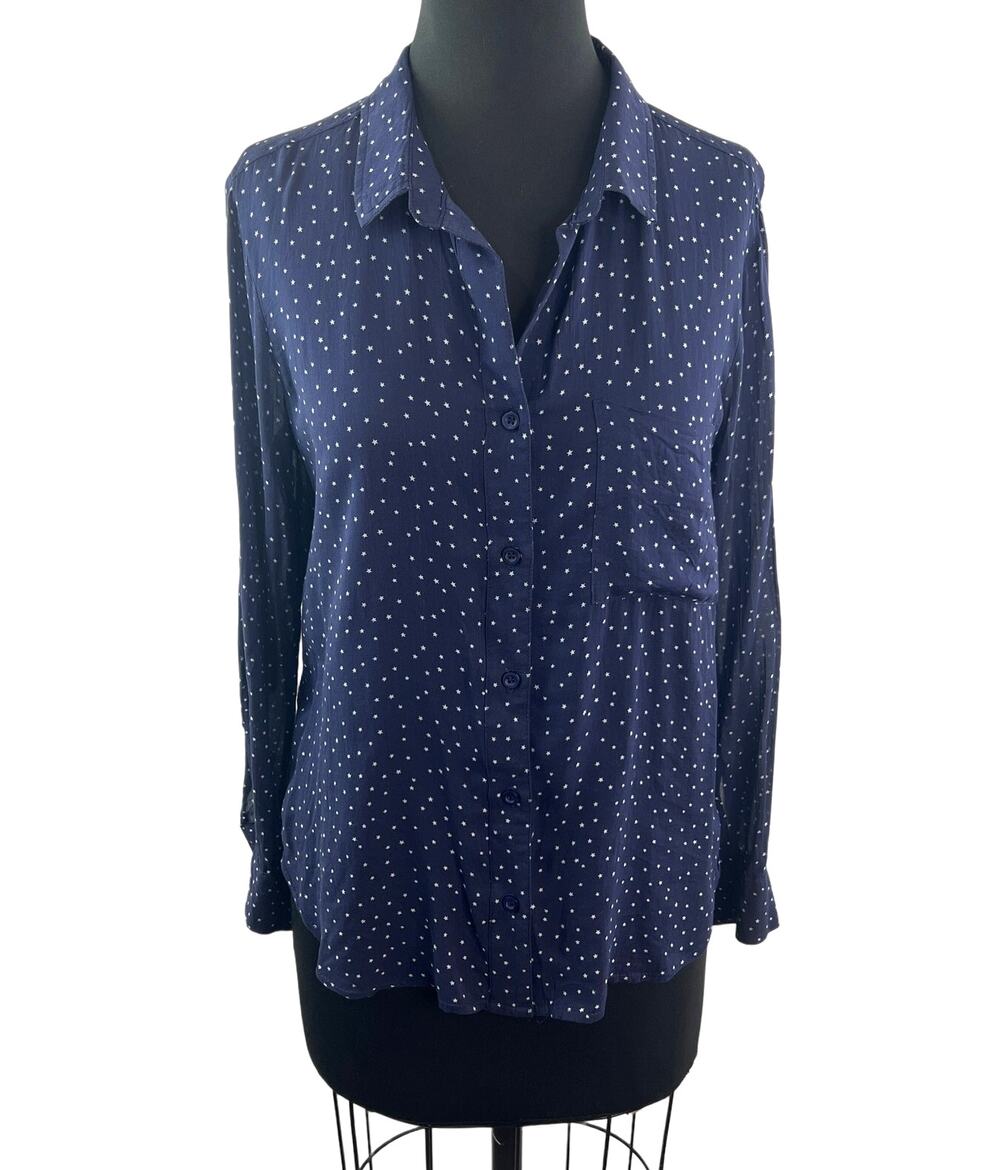 BELLA DAHL Blue White Top Star Collar Long Sleeve Classic Button-Up Size S Small